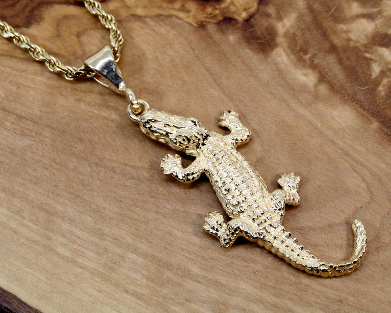 Extra Large Gold Alligator Necklace in 14kt Gold with Rope Chain