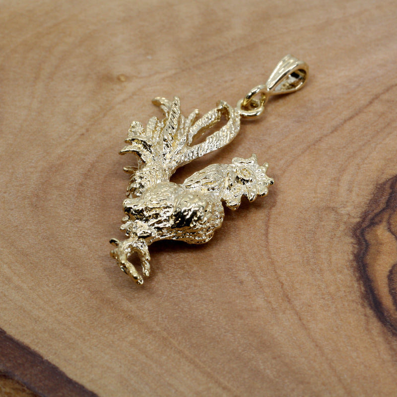 Gold Rooster Necklace with large 3-D 14kt yellow gold vermeil rooster chicken