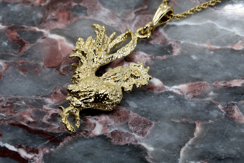 Gold Rooster Necklace with large 3-D 14kt yellow gold vermeil rooster chicken