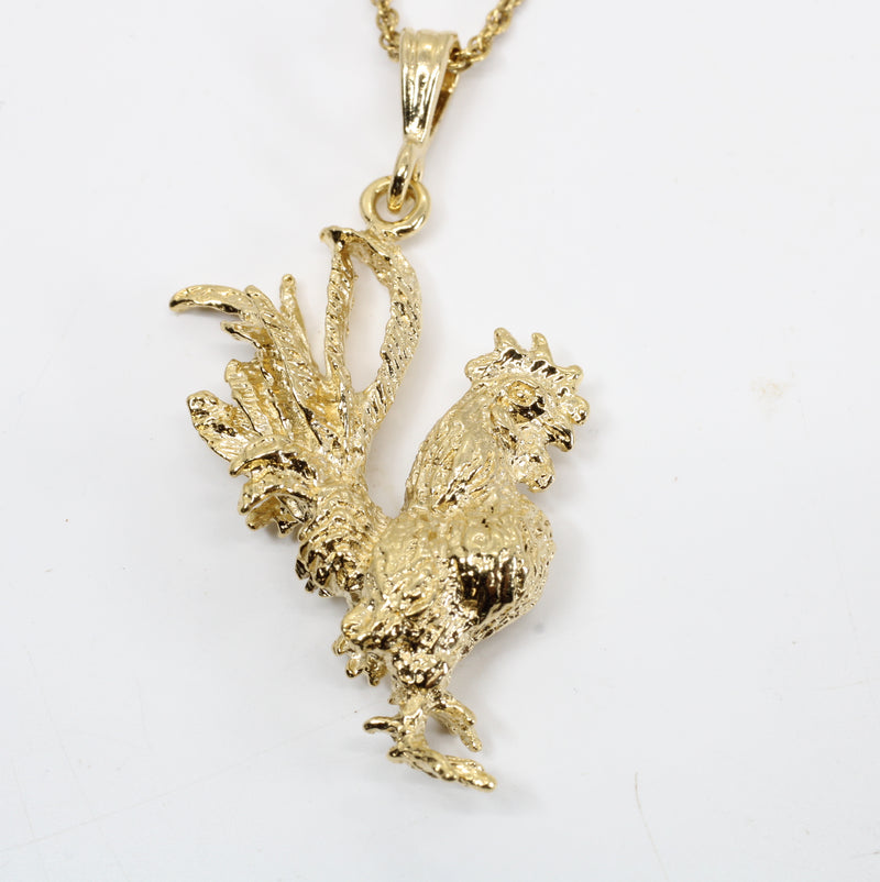 Gold Rooster Necklace with large 3-D 14kt yellow gold vermeil rooster chicken