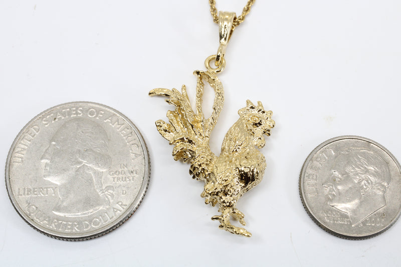 Gold Rooster Necklace with large 3-D 14kt yellow gold vermeil rooster chicken