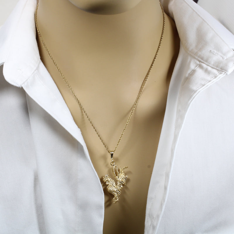 Gold Rooster Necklace with large 3-D 14kt yellow gold vermeil rooster chicken