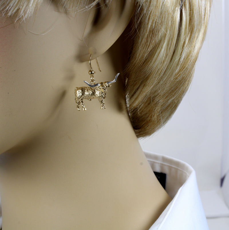 Gold Longhorn Earrings with 14kt Gold Vermeil Longhorn Body and Silver Horns