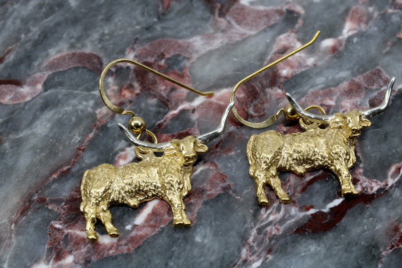 Gold Longhorn Earrings with 14kt Gold Vermeil Longhorn Body and Silver Horns