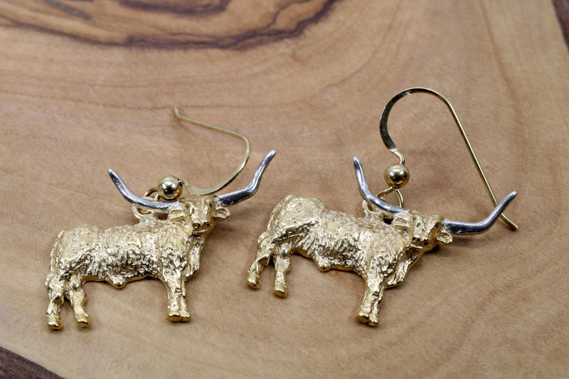 Gold Longhorn Earrings with 14kt Gold Vermeil Longhorn Body and Silver Horns