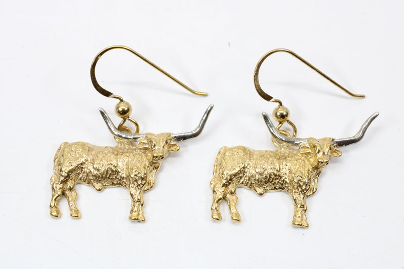 Gold Longhorn Earrings with 14kt Gold Vermeil Longhorn Body and Silver Horns