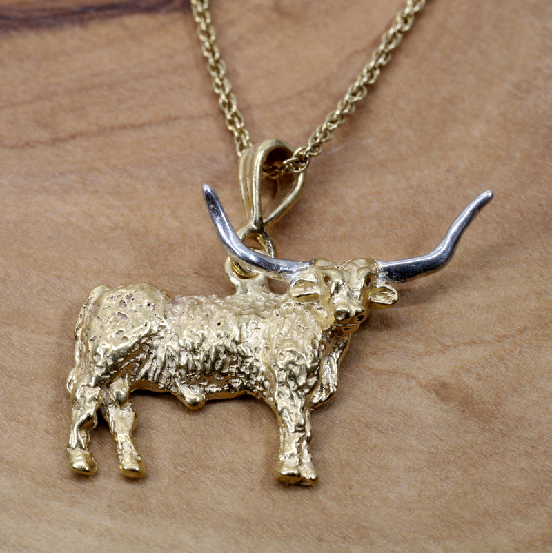 Gold Longhorn Necklace with 14kt Gold Vermeil Longhorn Body and Silver Horns