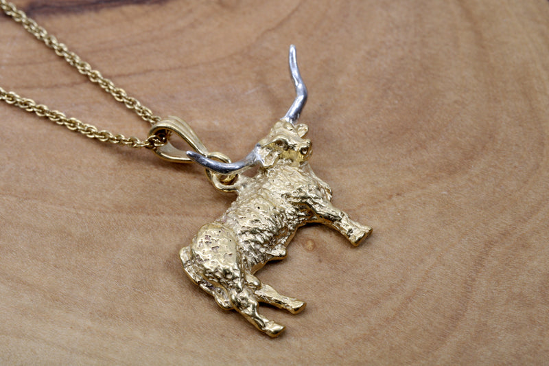 Gold Longhorn Necklace with 14kt Gold Vermeil Longhorn Body and Silver Horns