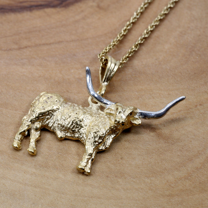 Gold Longhorn Necklace with 14kt Gold Vermeil Longhorn Body and Silver Horns