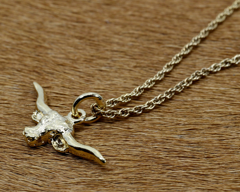 Gold Longhorn Head Necklace for her with Small Longhorn 14kt Gold Vermeil