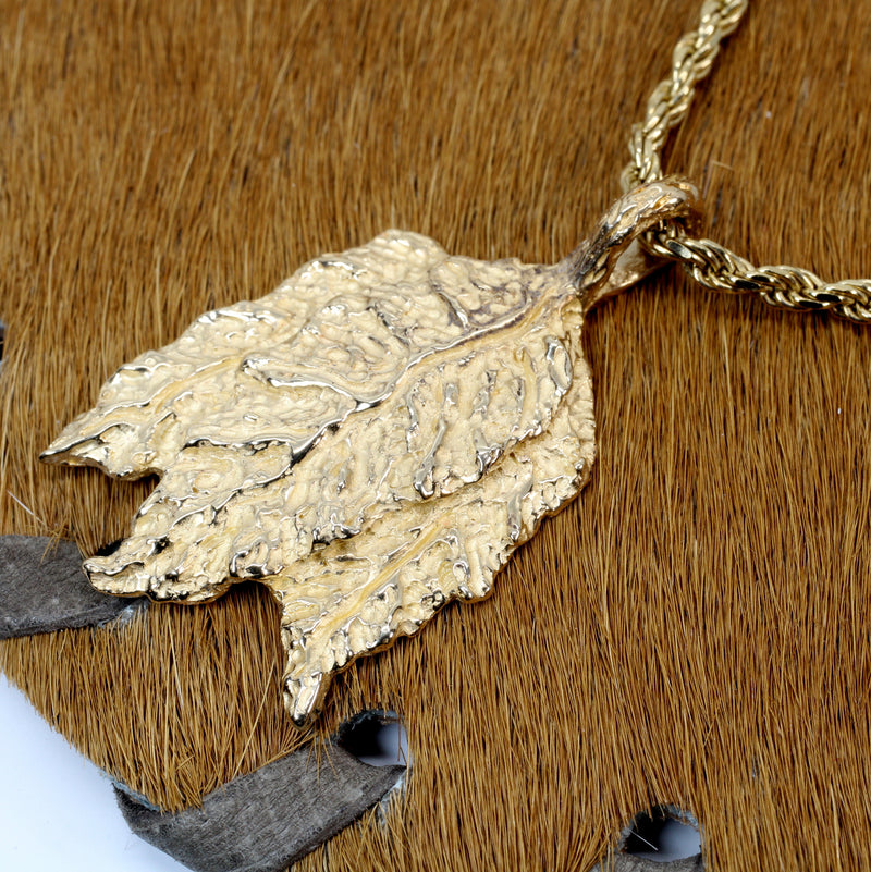 Gold Tobacco Leaf Necklace with solid 14kt gold Three Leaf Charm