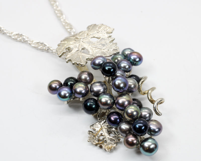 Large Black Pearl Grape Cluster Necklace made in Sterling Silver
