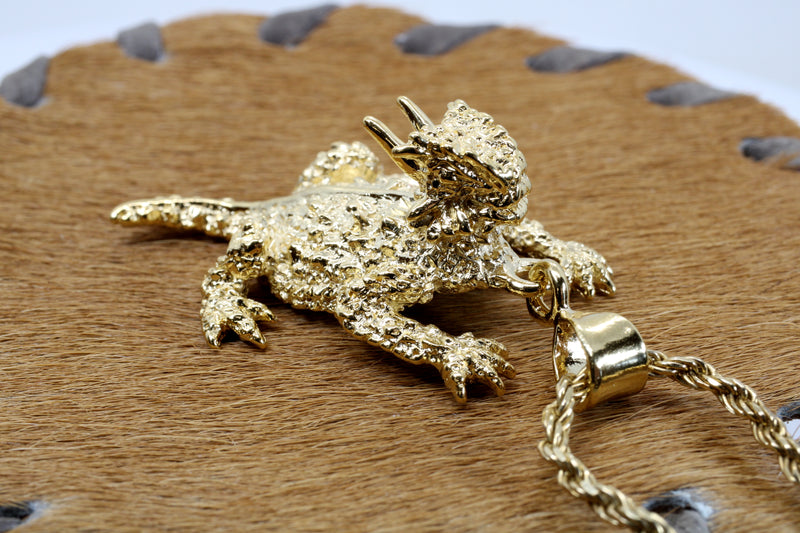Giant Size 14kt Gold Vermeil Horned Toad Frog Lizard Necklace