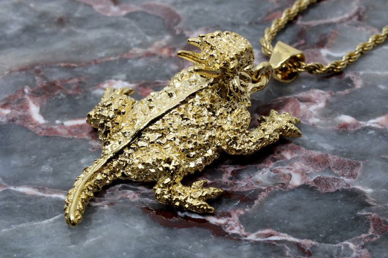 Giant Size 14kt Gold Vermeil Horned Toad Frog Lizard Necklace