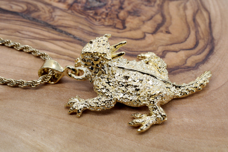 Giant Size 14kt Gold Vermeil Horned Toad Frog Lizard Necklace