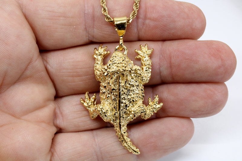Giant Size 14kt Gold Vermeil Horned Toad Frog Lizard Necklace