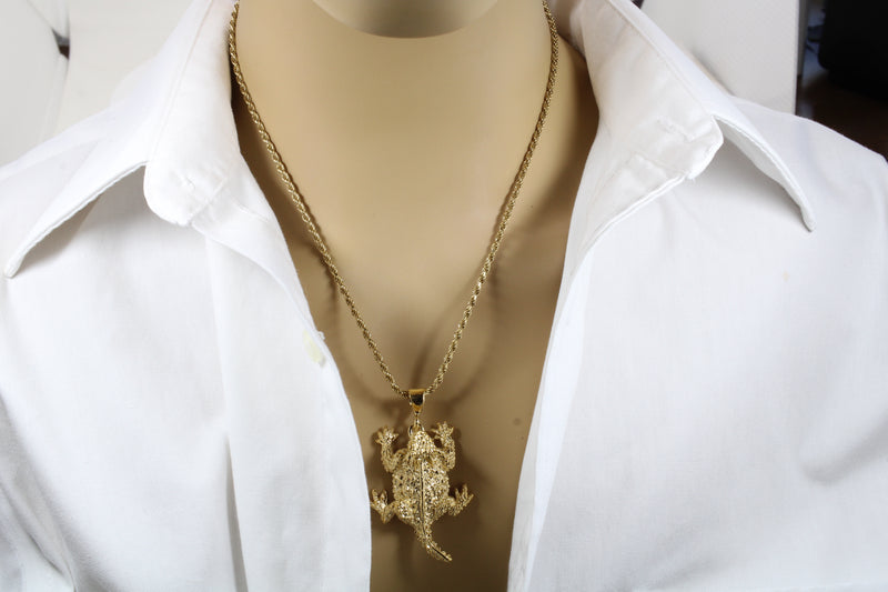 Giant Size 14kt Gold Vermeil Horned Toad Frog Lizard Necklace