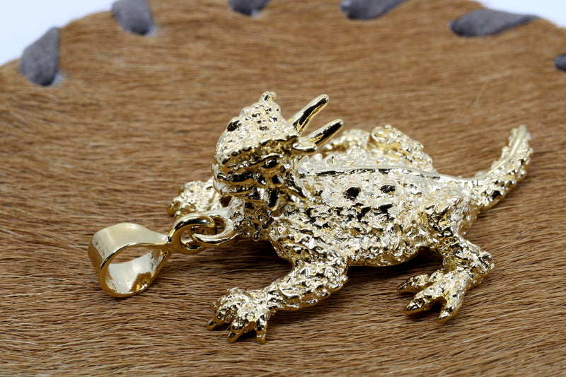 Giant Size 14kt Gold Vermeil Horned Toad Frog Lizard Necklace
