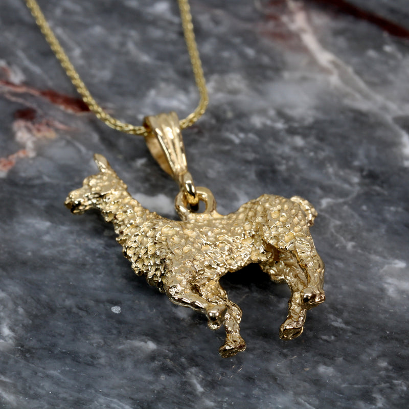Large Gold Alpaca Necklace with Solid 14kt Gold Life-Like 3-D Alpaca