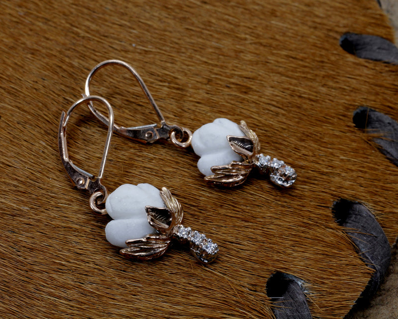 Set of Rose Gold Cotton Boll Necklace and Earrings with Diamond Stems