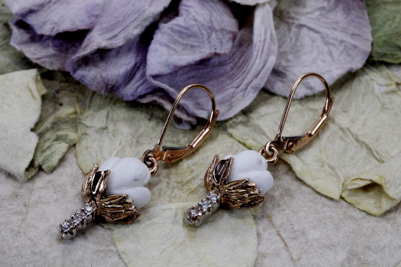 Set of Rose Gold Cotton Boll Necklace and Earrings with Diamond Stems