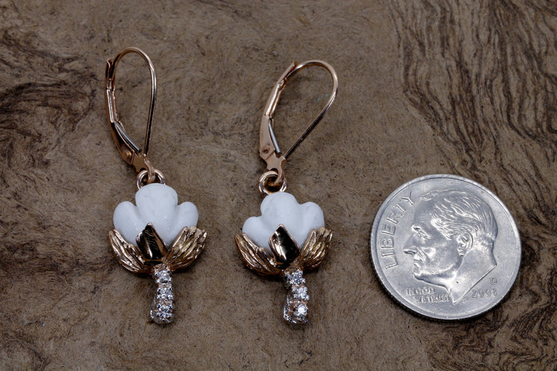 Set of Rose Gold Cotton Boll Necklace and Earrings with Diamond Stems