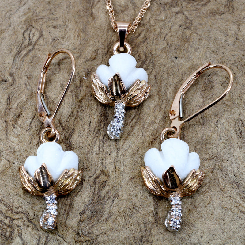 Set of Rose Gold Cotton Boll Necklace and Earrings with Diamond Stems