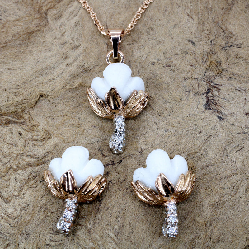 Set of Rose Gold Cotton Boll Necklace and Stud Earrings with Diamonds