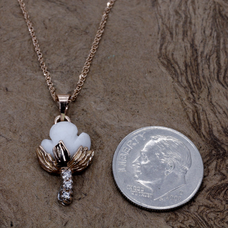 Set of Rose Gold Cotton Boll Necklace and Stud Earrings with Diamonds