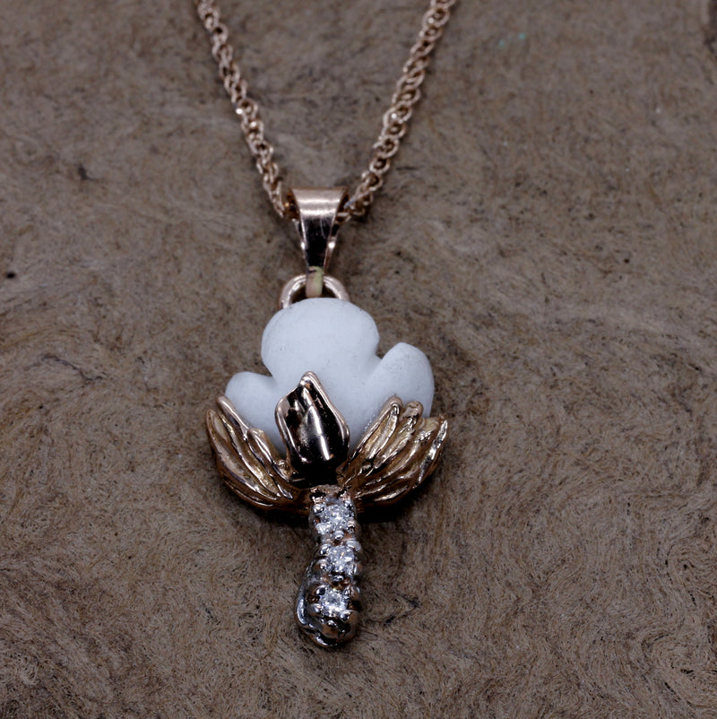 Set of Rose Gold Cotton Boll Necklace and Stud Earrings with Diamonds