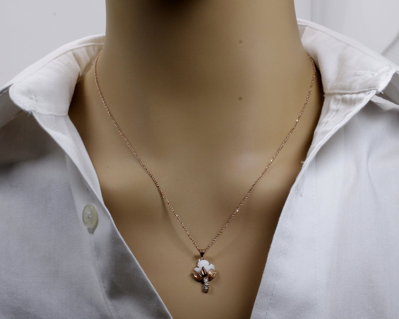 Set of Rose Gold Cotton Boll Necklace and Stud Earrings with Diamonds