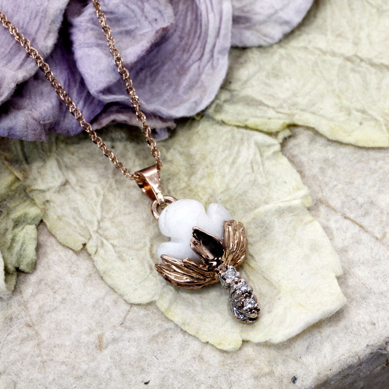 Set of Rose Gold Cotton Boll Necklace and Stud Earrings with Diamonds