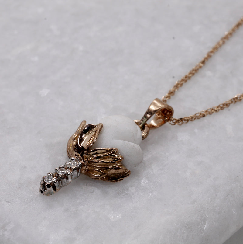 Set of Rose Gold Cotton Boll Necklace and Earrings with Diamond Stems