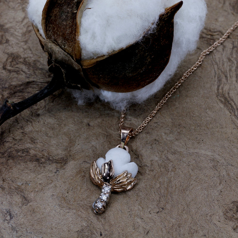 Set of Rose Gold Cotton Boll Necklace and Earrings with Diamond Stems