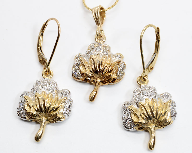 Set of New Diamond Cotton Boll Necklace and Dangle Earrings