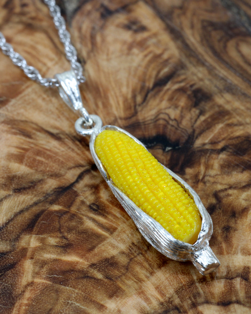 Silver Corn Cob Necklace with Yellow Corn Cob made in 925 Sterling Silver