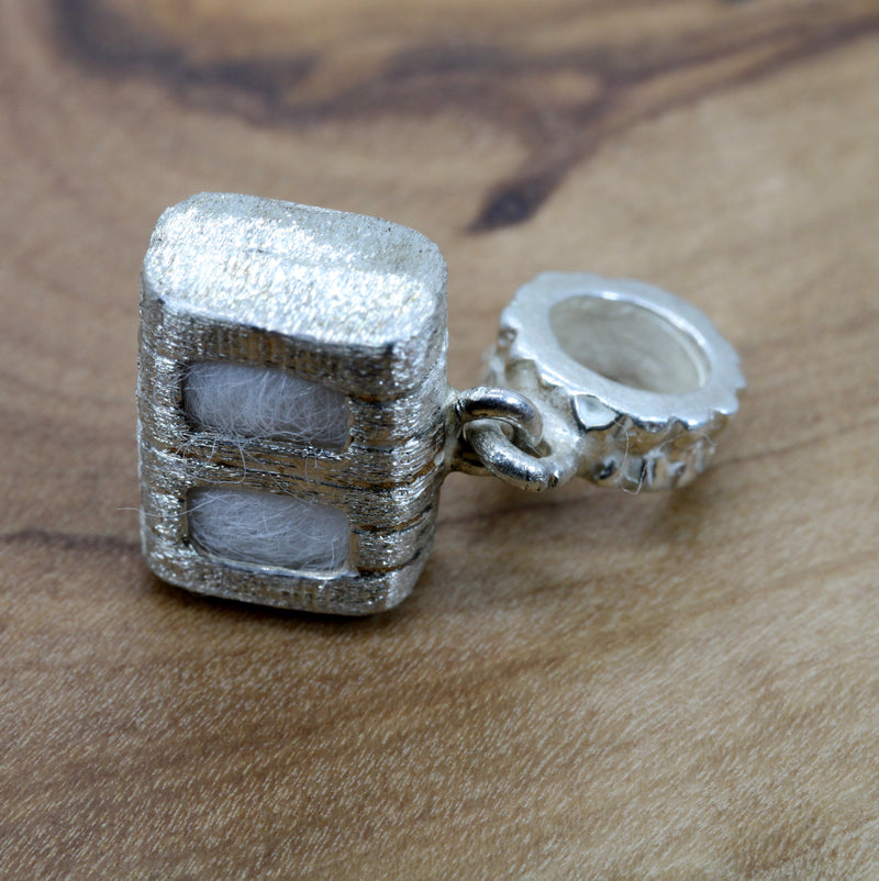 Cotton Bale Slide Charm with actual cotton inside in sterling silver