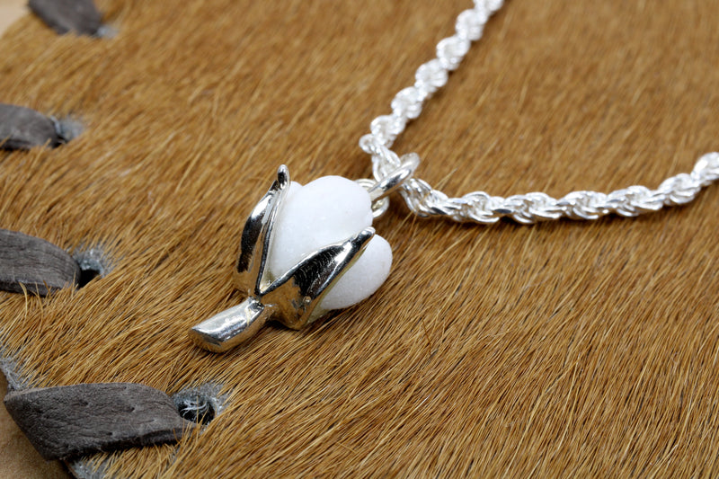 Cotton Anniversary Gift For Him Silver Cotton Boll Necklace with White Stone