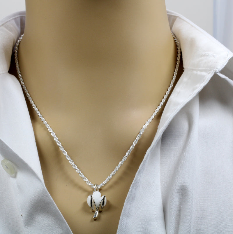 Cotton Anniversary Gift For Him Silver Cotton Boll Necklace with White Stone