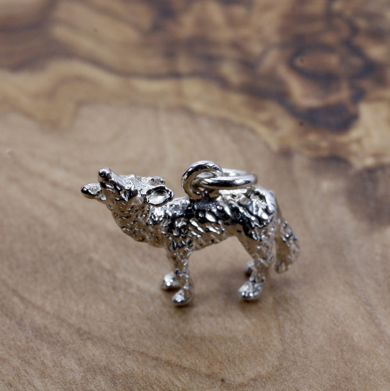 Silver Coyote Charm with solid 925 Sterling Silver 3D Howling Coyote