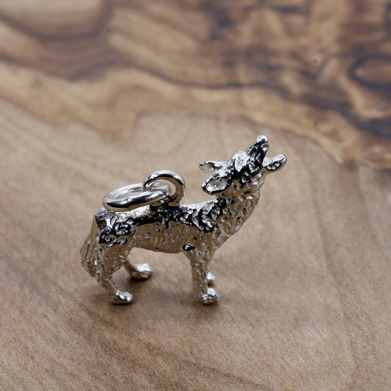 Silver Coyote Charm with solid 925 Sterling Silver 3D Howling Coyote