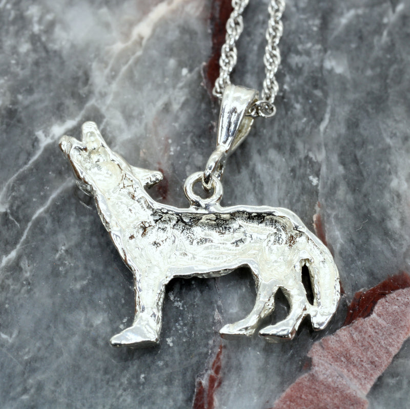 Silver Coyote Necklace with solid 925 Sterling Silver 2D Howling Coyote