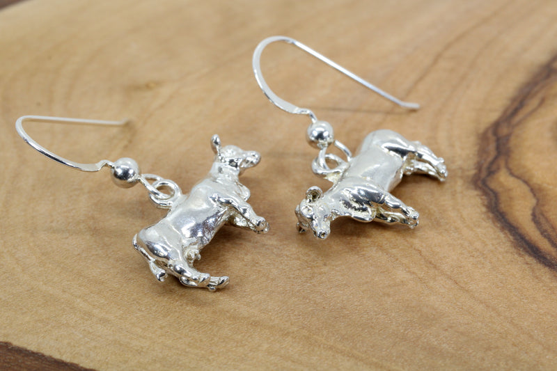 Silver Cow Earrings Dangling in 925 Sterling Silver for Cow Lovers