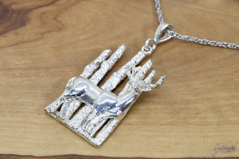 Silver Whitetail Deer Necklace Gift for Her with Deer in the Woods