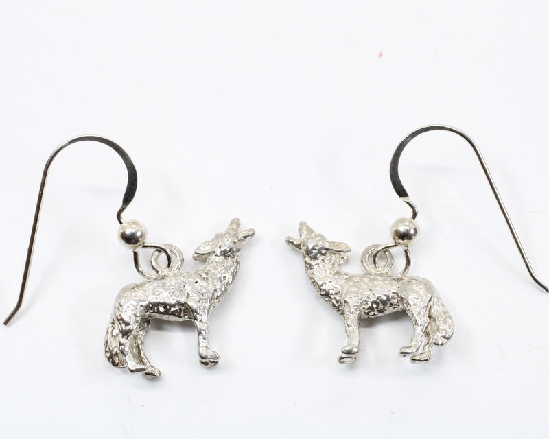 Silver Coyote Earrings with Solid 925 Sterling Silver 3D Howling Coyotes