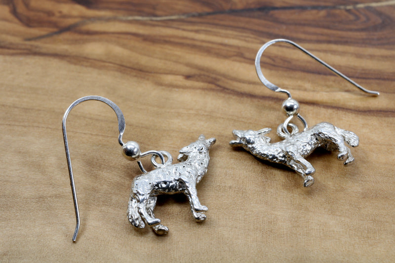 Silver Coyote Earrings with Solid 925 Sterling Silver 3D Howling Coyotes