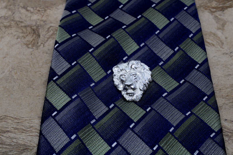 Large Silver Lion Head Tie Tack for man made in 925 Sterling Silver