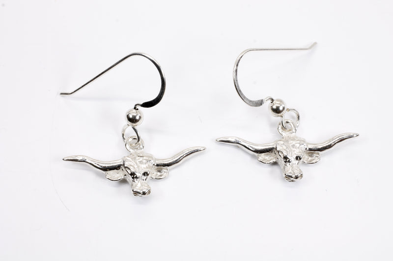 Silver Longhorn Head Earrings in small size made in 925 Sterling Silver