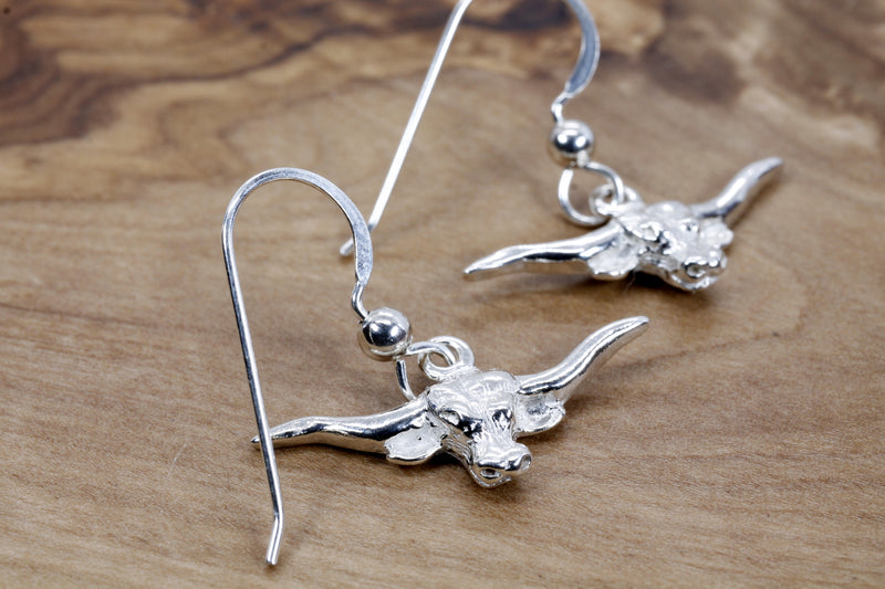 Silver Longhorn Head Earrings in small size made in 925 Sterling Silver
