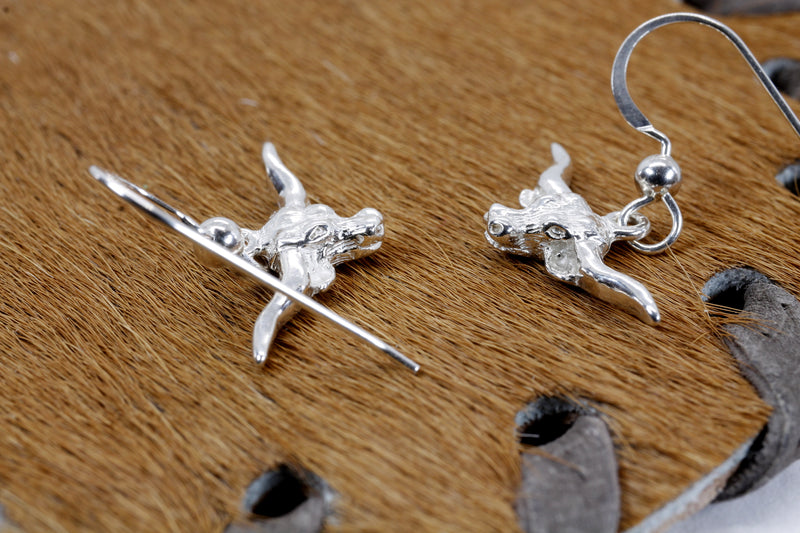 Silver Longhorn Head Earrings in small size made in 925 Sterling Silver